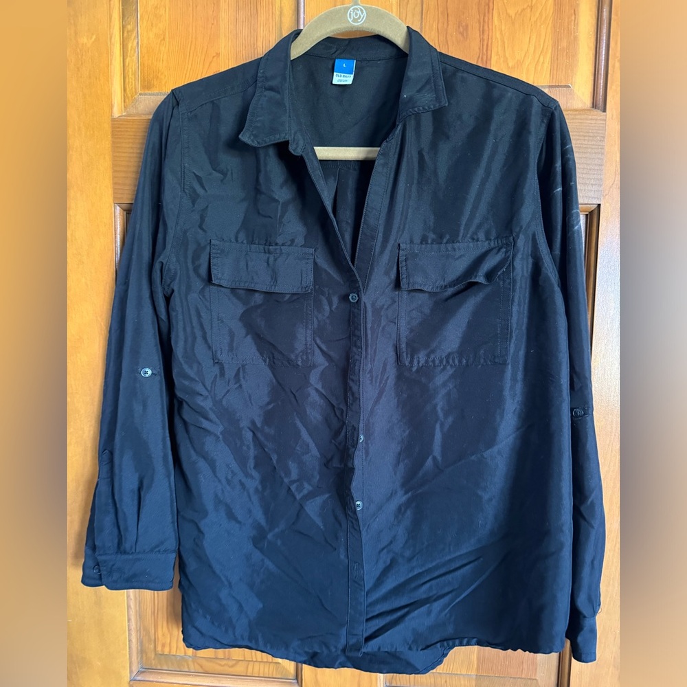 Silky black button down with button sleeves